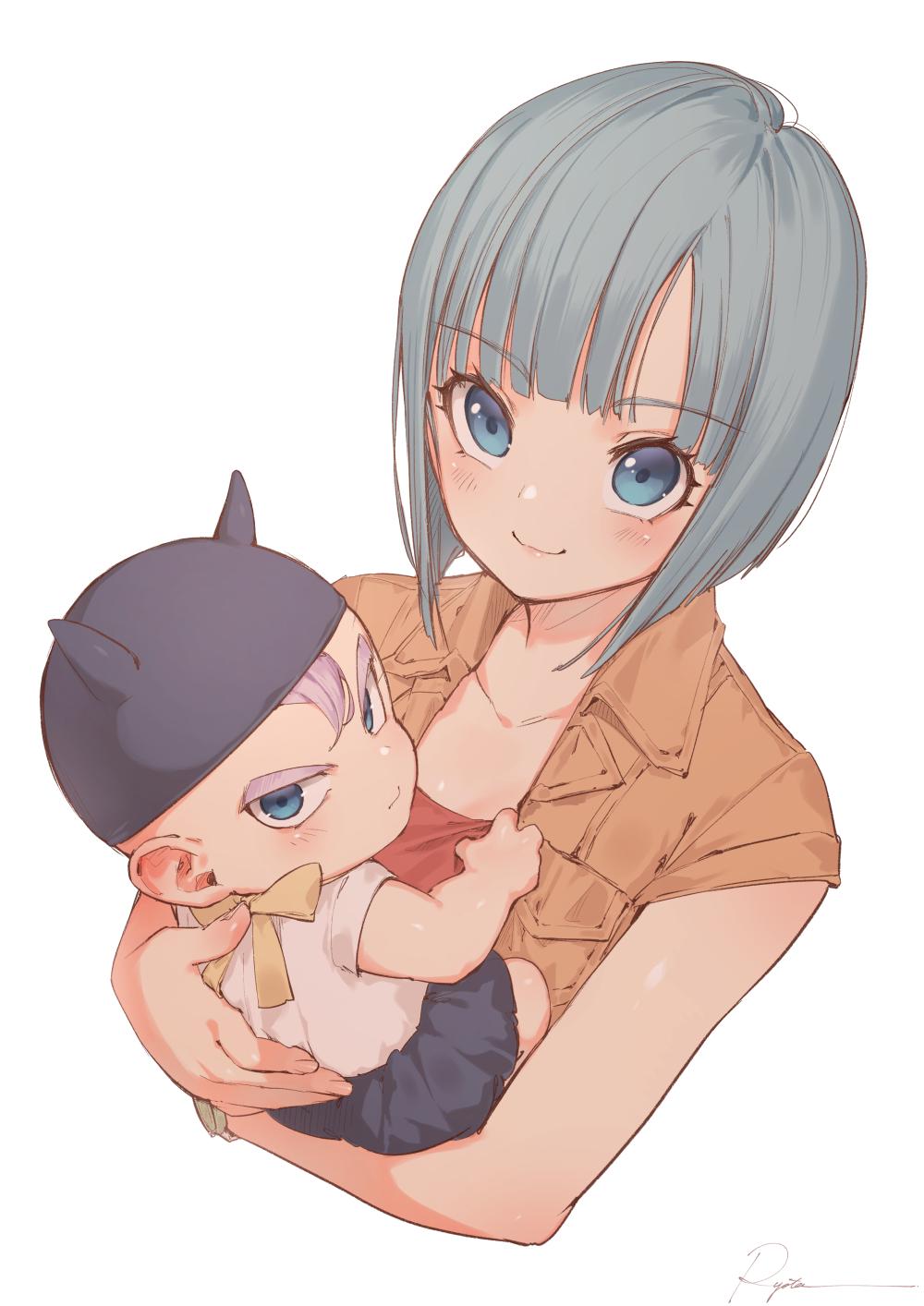 1boy 1girl baby baby_carry bangs black_headwear blue_eyes bulma closed_mouth collarbone collared_shirt cropped_torso dragon_ball dragon_ball_z eyebrows_visible_through_hair from_above green_hair hat highres looking_at_viewer looking_back mother_and_son orange_shirt parted_bangs pink_hair ribbon ryota_(ry_o_ta) shirt short_hair signature simple_background sleeveless sleeveless_shirt smile trunks_(dragon_ball) upper_body v-shaped_eyebrows white_background white_shirt yellow_ribbon