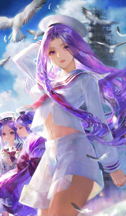 3girls bangs bird breasts commentary craft_essence dress euryale fate/grand_order fate_(series) feathers hand_on_headwear hat kamiya_miwo large_breasts long_hair looking_at_viewer midriff miss_sailor_in_white_uniform multiple_girls navel official_art parted_bangs purple_hair rider sailor_collar sailor_dress sailor_hat seagull ship shirt siblings sidelocks sisters skirt stheno very_long_hair violet_eyes watercraft white_dress white_headwear white_sailor_collar white_serafuku white_shirt white_skirt