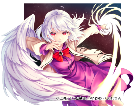 1girl bangs bow bowtie brooch chikuwa_savi commentary_request cowboy_shot dress feathered_wings jacket jewelry kishin_sagume long_sleeves looking_at_viewer lowres purple_dress red_bow red_eyes red_neckwear short_hair silver_hair single_wing solo touhou white_jacket white_wings wings