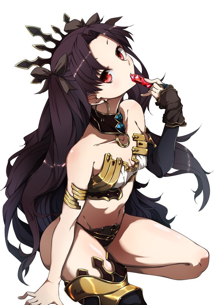 1girl armlet asymmetrical_clothes asymmetrical_legwear asymmetrical_sleeves bare_shoulders black_hair commentary commentary_request crown crystal earrings fate/grand_order fate_(series) hair_ornament hoop_earrings ishtar_(fate/grand_order) jewelry long_hair looking_at_viewer pakotaroh red_eyes shiny shiny_skin simple_background solo twintails white_background