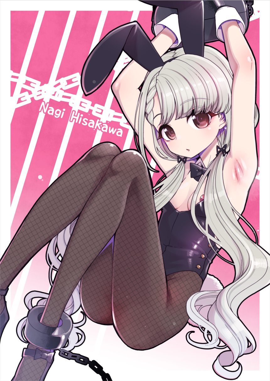 1girl animal_ears armpits arms_up bangs black_legwear black_leotard black_neckwear blunt_bangs bound bow bowtie braid bunny_girl bunnysuit chain character_name commentary_request cuffs detached_collar fishnet_legwear fishnet_pantyhose fishnets flat_chest gradient gradient_background grey_hair hanauna highres hisakawa_nagi idolmaster idolmaster_cinderella_girls leotard long_hair looking_at_viewer low_twintails pantyhose rabbit_ears red_eyes shackles solo strapless strapless_leotard twintails two-tone_background wrist_cuffs