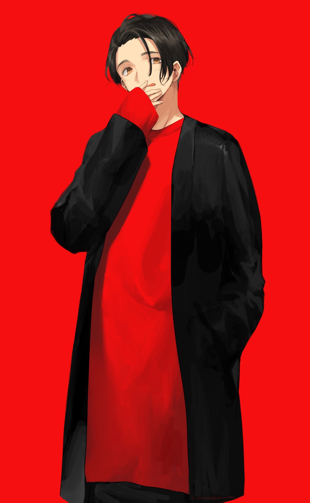 1boy black_coat black_hair brown_eyes cowboy_shot hand_in_pocket hand_to_own_mouth hand_up highres long_shirt long_sleeves looking_at_viewer namakawa original red_background red_shirt red_theme shadow shirt short_hair simple_background sleeves_past_wrists solo tongue tongue_out