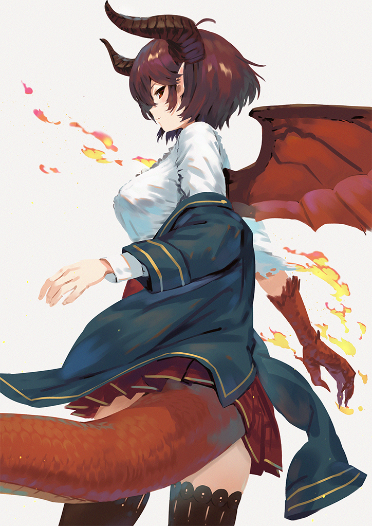 1girl black_legwear blue_jacket breasts brown_eyes brown_hair center_frills closed_mouth curled_horns dragon_girl dragon_horns dragon_tail dragon_wings fire frills granblue_fantasy grea_(shingeki_no_bahamut) grey_background hair_between_eyes horns jacket jacket_pull long_sleeves medium_breasts pleated_skirt profile red_skirt red_wings scales shingeki_no_bahamut shirt simple_background skirt solo tail thigh-highs wasabi60 white_shirt wings