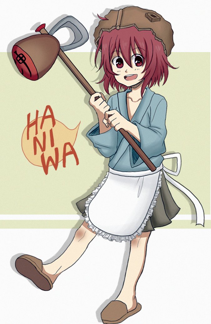 1other androgynous apron hakama helmet japanese_clothes katano_sukune katano_sukune's_bottle_opener len'en open_mouth red_eyes redhead short_hair skirt slippers smile ximsol182