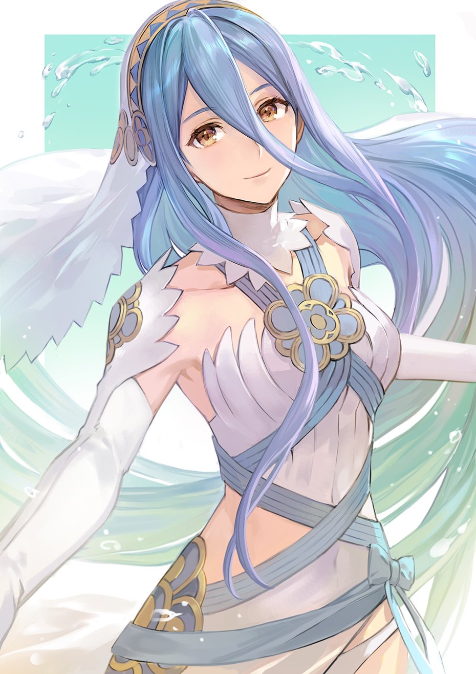 1girl aqua_(fire_emblem_if) azura_(fire_emblem) bangs blue_hair closed_mouth collarbone commentary_request covered_navel cute dancing detached_collar detached_sleeves dress fire_emblem fire_emblem_fates fire_emblem_heroes fire_emblem_if hair_between_eyes hakou_(barasensou) highres intelligent_systems long_hair looking_at_viewer nintendo panties parted_lips smile super_smash_bros. underwear veil water white_dress white_panties yellow_eyes