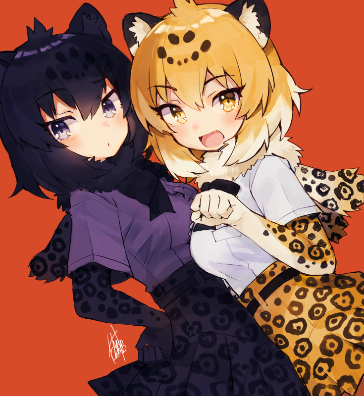 2girls animal_ear_fluff animal_ears black_hair black_jaguar_(kemono_friends) black_neckwear blonde_hair blue_eyes bow bowtie center_frills commentary_request cowgirl_position elbow_gloves eyebrows_visible_through_hair fur_collar gloves hatagaya high-waist_skirt jaguar_(kemono_friends) jaguar_ears jaguar_girl jaguar_print jaguar_tail kemono_friends multicolored_hair multiple_girls open_mouth pleated_skirt print_gloves print_skirt purple_shirt shirt short_hair short_sleeves skirt straddling tail white_shirt yellow_eyes