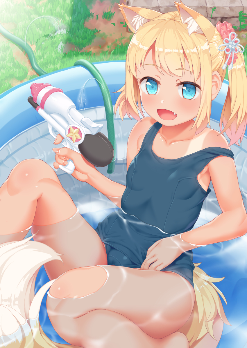 1girl animal_ear_fluff animal_ears bangs blue_eyes breasts collarbone eyebrows_visible_through_hair fang fox_ears fox_tail highres hose looking_at_viewer one-piece_swimsuit open_mouth original outdoors partially_submerged school_swimsuit short_hair short_twintails sitting small_breasts solo swimsuit tachimi_(basue) tail tan tanline twintails wading_pool water_gun