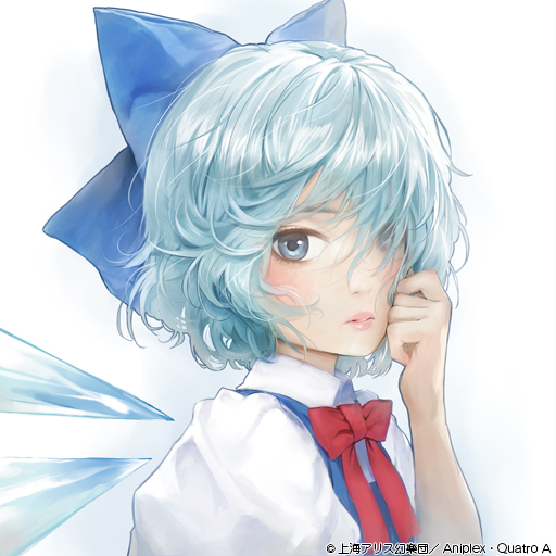1girl bangs blue_bow blue_dress blue_eyes blue_hair blush bow bowtie cirno commentary_request dress gradient gradient_background grey_background hair_bow hair_over_one_eye hand_up ice ice_wings looking_at_viewer matsuda_(matsukichi) pinafore_dress pink_lips red_bow red_neckwear shirt short_hair solo touhou upper_body white_background white_shirt wings