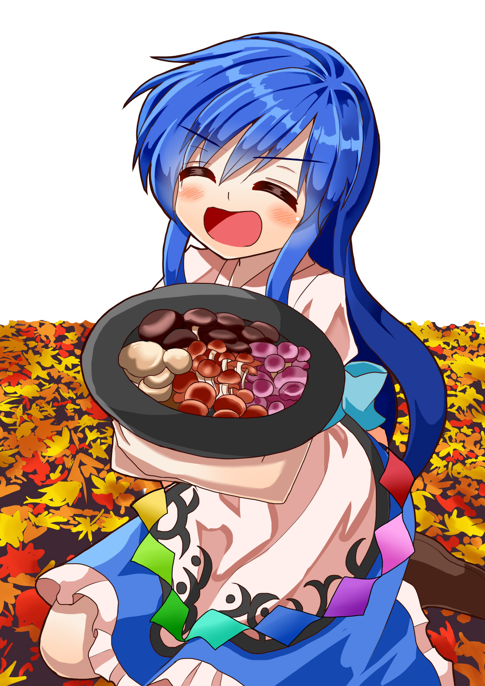 1girl autumn autumn_leaves blue_hair blush brown_footwear closed_eyes commentary_request cute dress eyebrows_visible_through_hair hair_between_eyes hat hat_basket hat_hug hat_removed headwear_removed highres hinanawi_tenshi holding holding_hat layered_dress long_hair mushroom open_mouth rainbow_order short_sleeves sidelocks simple_background sitting smile solo sugiyama_ichirou team_shanghai_alice touhou very_long_hair wariza white_background