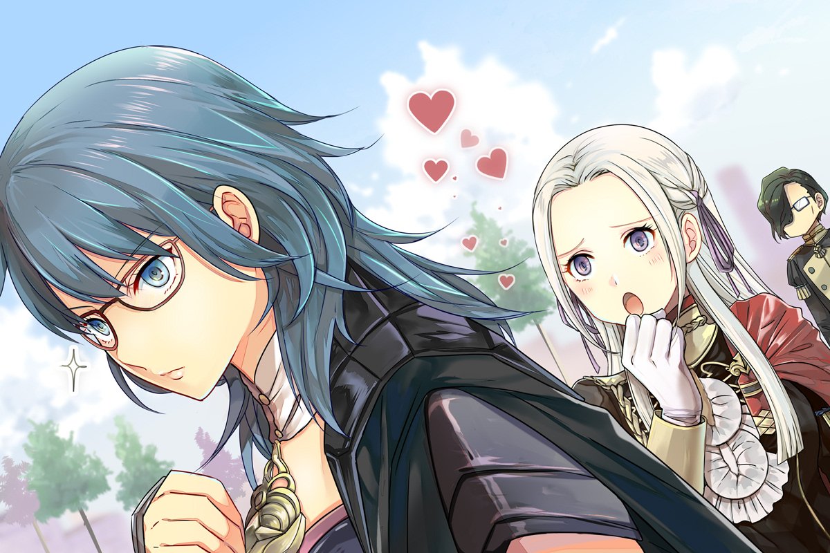 1boy 2girls anzk232 black_hair blonde_hair blue_eyes blue_hair blue_sky byleth_(fire_emblem) byleth_eisner_(female) closed_mouth clouds day edelgard_von_hresvelg fire_emblem fire_emblem:_three_houses garreg_mach_monastery_uniform glasses gloves heart hubert_von_vestra long_hair long_sleeves medium_hair multiple_girls open_mouth outdoors short_hair sky tree uniform violet_eyes white_gloves