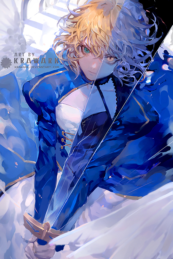 1girl artist_name artoria_pendragon_(all) blonde_hair blue_eyes dark_persona dual_persona excalibur fate/grand_order fate_(series) holding holding_sword holding_weapon juliet_sleeves long_sleeves looking_at_viewer puffy_sleeves renos saber saber_alter serious solo sword watermark weapon web_address yellow_eyes