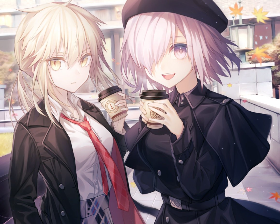 2girls artoria_pendragon_(all) black_coat blonde_hair blush breasts closed_mouth coat collarbone collared_shirt eyebrows_visible_through_hair fate/grand_order fate_(series) hair_over_one_eye haizome_senri large_breasts long_sleeves looking_at_viewer mash_kyrielight medium_breasts multiple_girls necktie parted_lips purple_hair red_neckwear saber_alter shirt short_hair smile violet_eyes white_shirt yellow_eyes