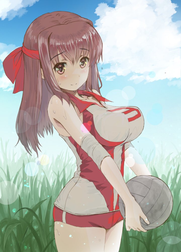 1girl alternate_hair_length alternate_hairstyle bangs blue_sky breasts brown_eyes brown_hair closed_mouth clouds cloudy_sky commentary day elbow_pads eyebrows_visible_through_hair from_side girls_und_panzer grass headband kondou_taeko large_breasts lens_flare light_particles long_hair looking_at_viewer outdoors red_headband red_shirt red_shorts shirt short_shorts shorts single_vertical_stripe sky sleeveless sleeveless_shirt smile solo sportswear standing sweat volleyball_uniform yurikuta_tsukumi