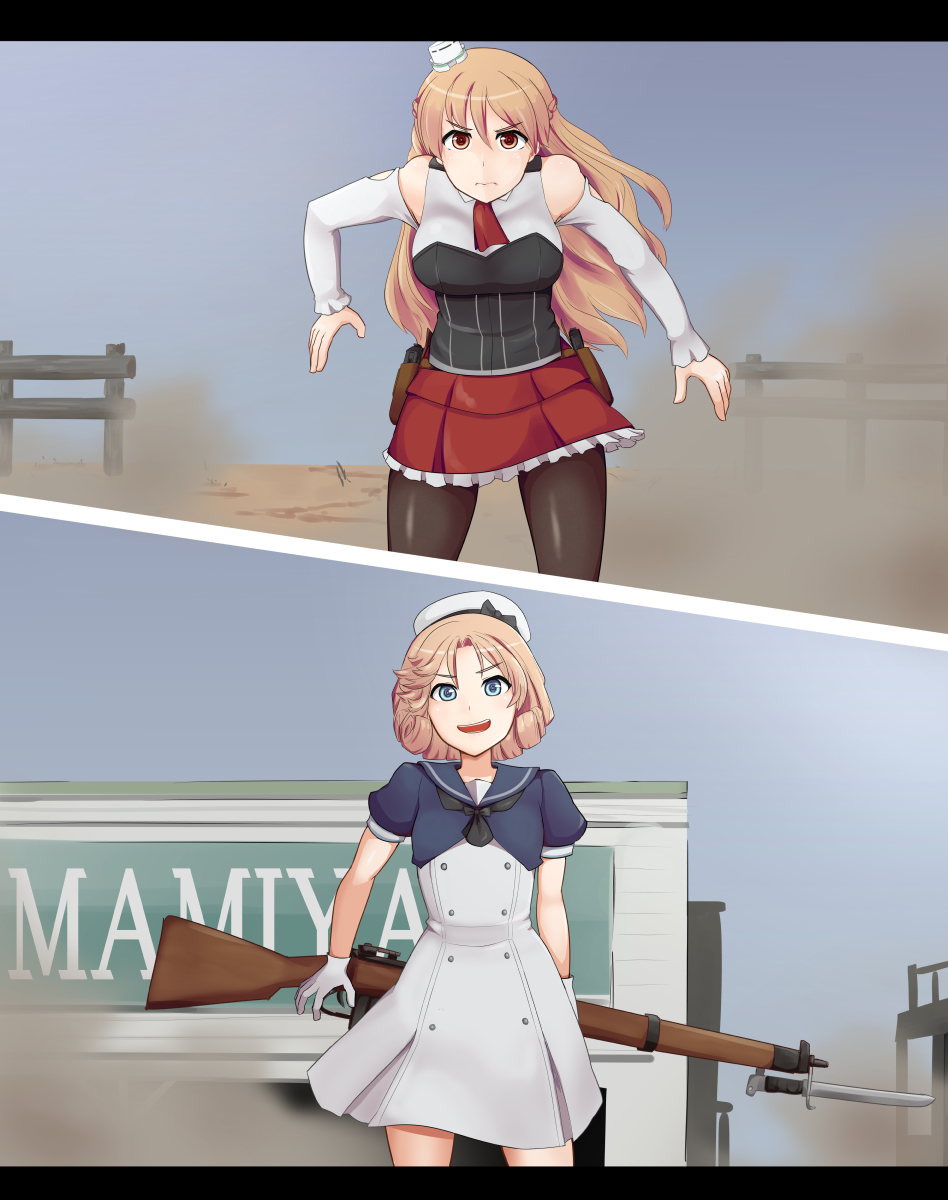 2girls bangs bare_shoulders black_neckwear black_shirt blonde_hair blue_eyes blue_sailor_collar braid brown_eyes brown_legwear commentary_request detached_sleeves dress faceoff firearm_request french_braid gloves gun hat highres janus_(kantai_collection) kantai_collection long_hair looking_at_viewer mini_hat miniskirt multiple_girls namesake nikku_(nzaf5832) open_mouth pantyhose parody parted_bangs red_skirt rifle sailor_collar sailor_dress sailor_hat shirt short_hair short_sleeves skirt split_theme wavy_hair weapon white_dress white_gloves white_headwear white_shirt wild_arms zara_(kantai_collection)