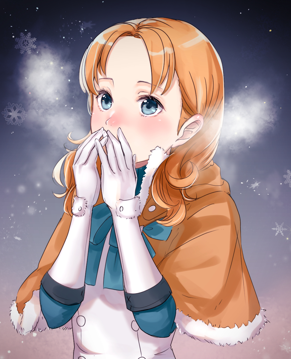 1girl annette_fantine_dominic bangs blue_bow blue_eyes blush bow breath brown_capelet capelet covered_mouth dress elbow_gloves fire_emblem fire_emblem:_three_houses forehead fur-trimmed_capelet fur_trim gloves hands_up haru_(nakajou-28) hood hood_down hooded_capelet long_hair looking_away orange_hair parted_bangs snowflakes snowing solo upper_body white_dress white_gloves