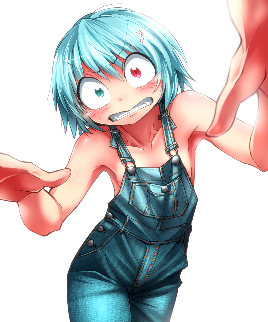 &gt;:( 1girl anger_vein angry bare_arms blue_eyes blush breasts clenched_teeth constricted_pupils cowboy_shot denim dot_nose eyebrows_visible_through_hair hair_between_eyes heterochromia looking_at_viewer naked_overalls overalls pocket red_eyes shimizu_pem short_hair sideboob slit_pupils solo tatara_kogasa teeth touhou v-shaped_eyebrows white_background
