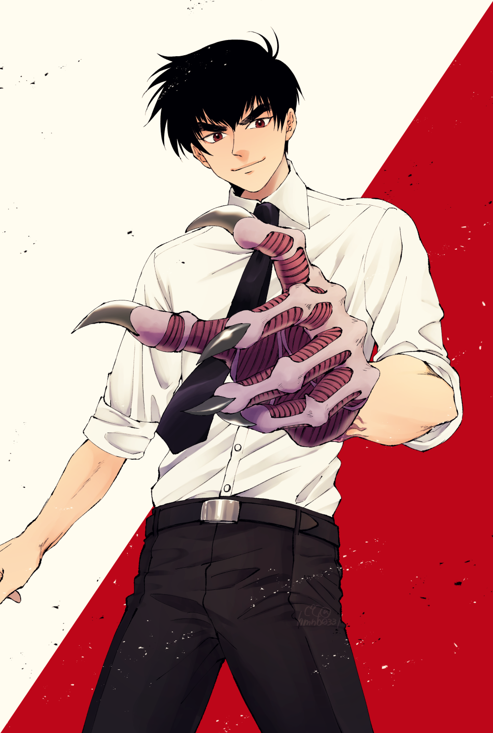 1boy belt black_hair black_neckwear black_pants claws cowboy_shot eclairant fingernails highres jigoku_sensei_nube lips long_fingernails looking_at_viewer male_focus necktie nueno_meisuke pants red_eyes sharp_fingernails shirt short_hair simple_background solo white_shirt