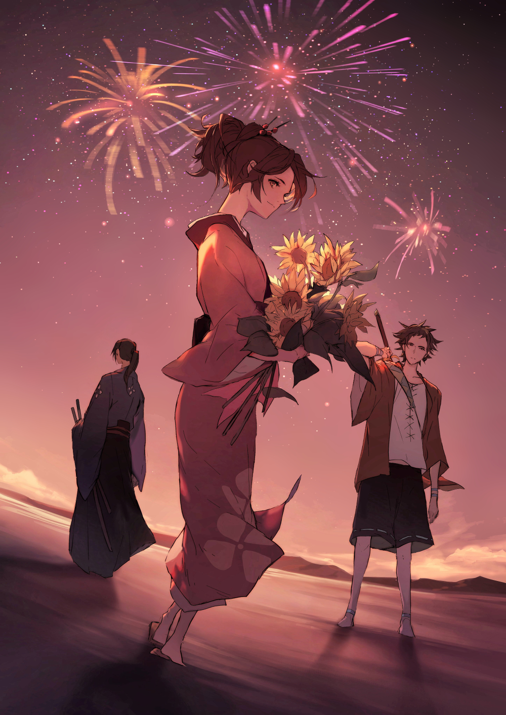 1girl 2boys back black_hair black_shorts brown_eyes brown_hair closed_mouth escente fireworks flower full_body fuu highres holding holding_flower holding_sword holding_weapon japanese_clothes jinnosuke kimono looking_at_viewer mugen multiple_boys pink_kimono ponytail samurai_champloo shirt short_hair short_sleeves shorts sky standing sunflower sword weapon white_shirt yellow_flower