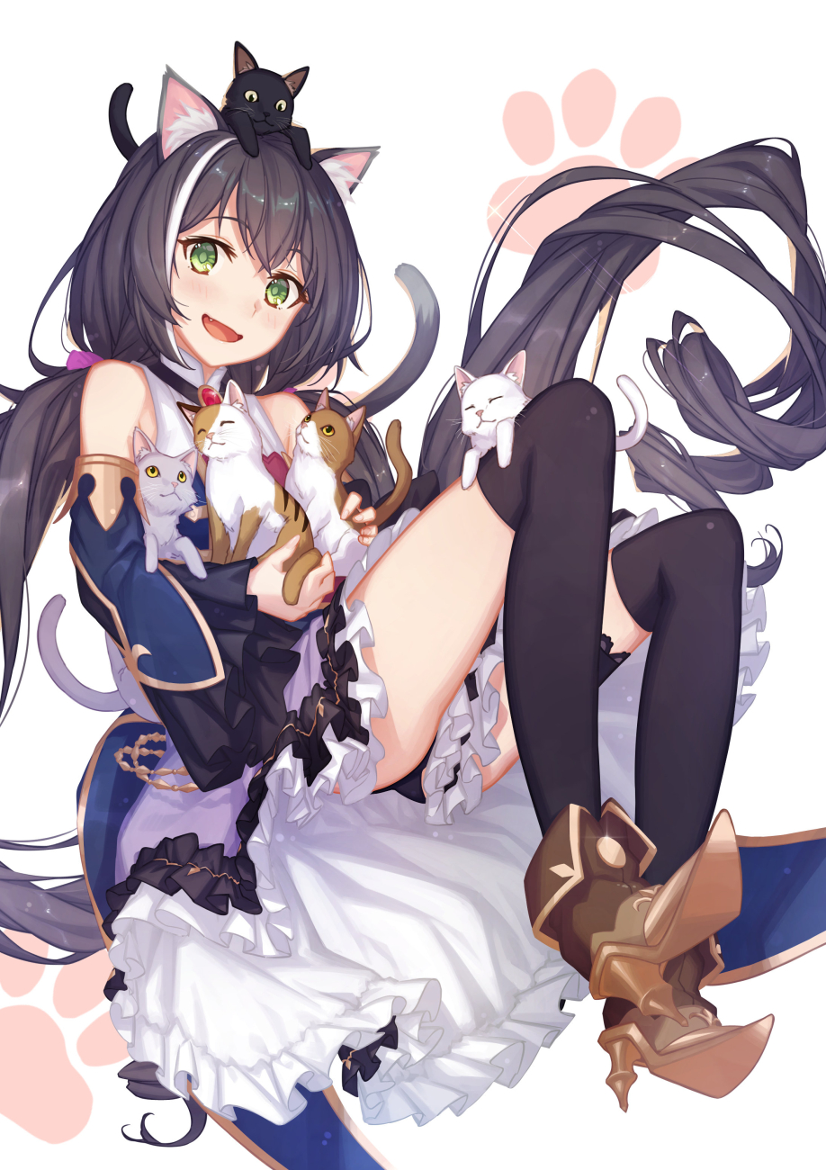 1girl animal animal_ear_fluff animal_ears bangs black_hair black_legwear black_panties blush boots cat dress eyebrows_visible_through_hair fang floating frilled_dress frills green_eyes hair_between_eyes highres holding holding_animal knees_up kyaru_(princess_connect) long_hair looking_at_viewer low_twintails m-ya multicolored_hair multiple_cats open_mouth over-kneehighs panties patterned_background paw_print princess_connect! princess_connect!_re:dive shirt skirt smile solo streaked_hair tail thigh-highs twintails underwear very_long_hair vest white_hair white_shirt wide_sleeves