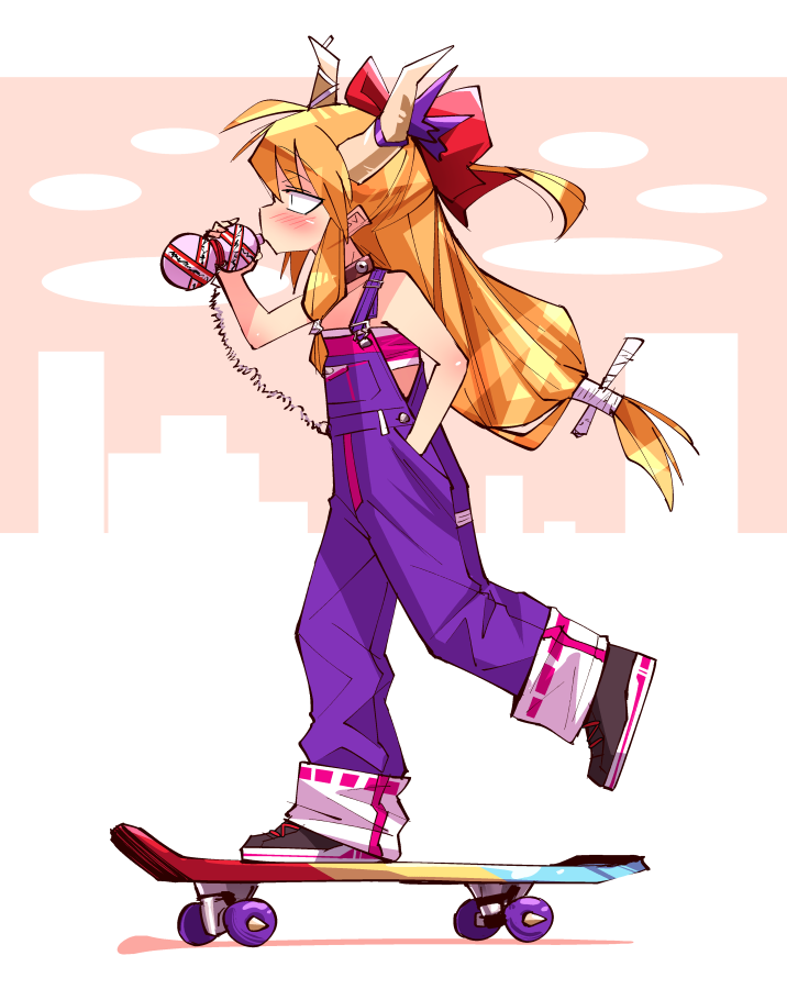 1girl blush bow cityscape cuffed drinking gourd hand_in_pocket horns long_hair looking_to_the_side multicolored_footwear naked_overalls orange_hair overalls pants pants_rolled_up purple_overalls red_bow sarashi shimizu_pem shoes skateboard skateboarding slit_pupils sneakers solo touhou