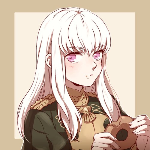 1girl closed_mouth doughnut epaulettes fire_emblem fire_emblem:_three_houses food food_on_face garreg_mach_monastery_uniform holding holding_food long_hair lowres lysithea_von_ordelia pink_eyes simple_background solo sooon103 uniform upper_body white_hair