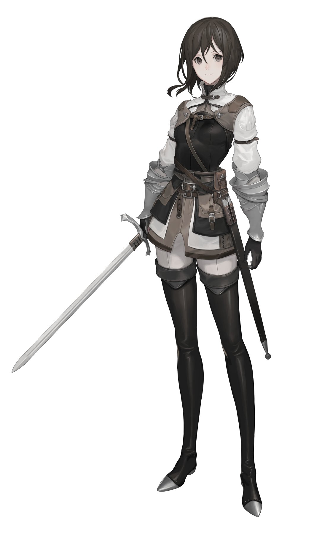 1girl armor bangs belt belt_buckle black_footwear black_gloves black_hair boots breasts buckle closed_mouth collar full_body gloves grey_eyes hair_between_eyes highres holding holding_sword holding_weapon keemu_(occhoko-cho) leather leather_armor leather_boots long_sleeves looking_at_viewer medium_hair original pants sheath simple_background small_breasts smile solo standing sword thigh-highs thigh_boots weapon white_background white_pants