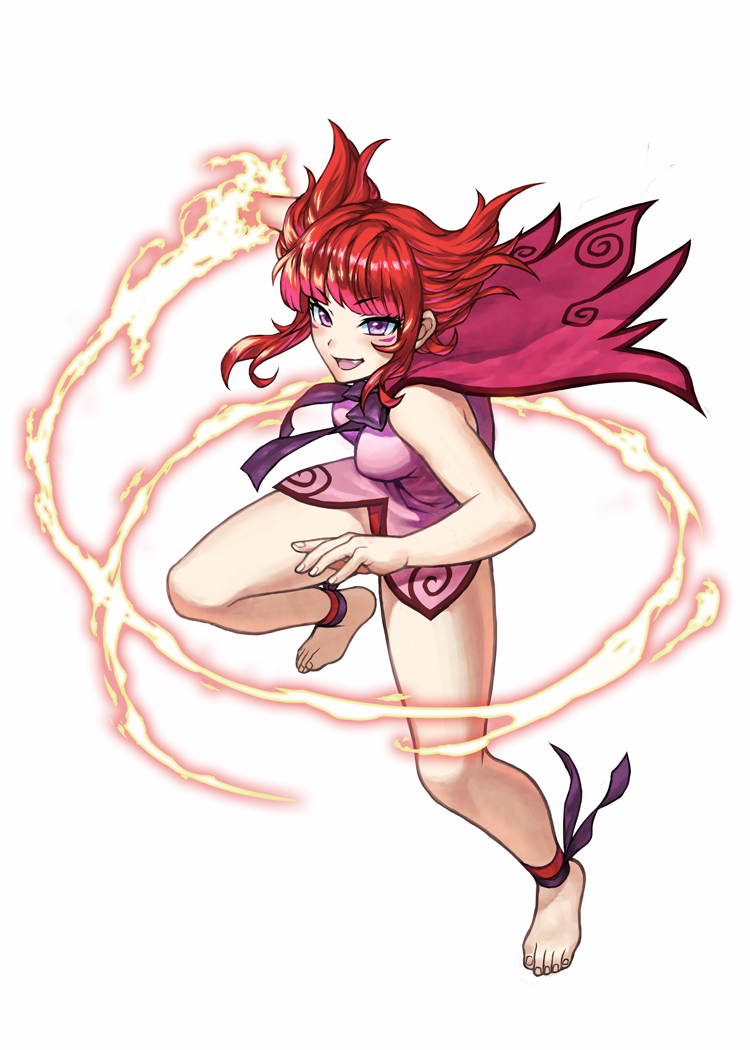 1girl barefoot bodoi cape copyright_name facial_mark fang fire flare_(knights_chronicle) full_body knights_chronicle official_art open_mouth redhead solo violet_eyes white_background