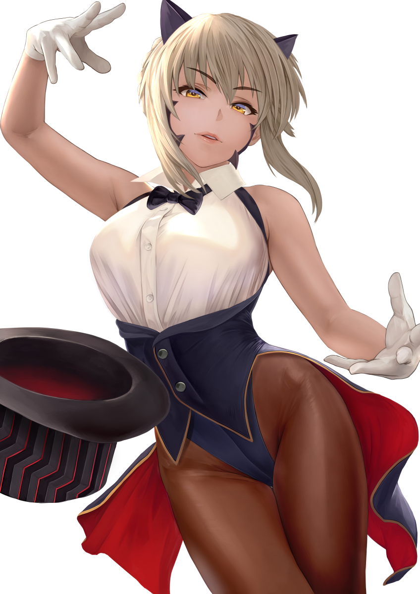1girl artoria_pendragon_(all) artoria_pendragon_(lancer_alter) bangs bare_shoulders black_leotard blonde_hair braid breasts buttons coattails collared_shirt fate/grand_order fate_(series) french_braid gloves hair_between_eyes hat highleg highleg_leotard highres horns large_breasts leotard long_hair looking_at_viewer shirt sidelocks simple_background sleeveless solo thighs top_hat white_background white_gloves white_shirt yamaneko_(tkdrumsco) yellow_eyes