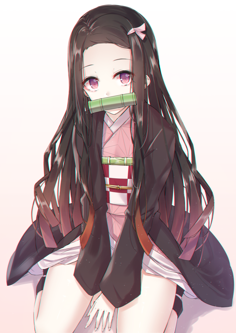 1girl akira_(been0328) bamboo bangs between_legs bit_gag black_hair black_legwear brown_background brown_hair checkered commentary_request eyebrows_visible_through_hair forehead gag gradient gradient_background gradient_hair hair_ribbon hand_between_legs japanese_clothes kamado_nezuko kimetsu_no_yaiba kimono long_sleeves looking_at_viewer mouth_hold multicolored_hair obi parted_bangs pink_kimono pink_ribbon red_eyes ribbon sash sitting solo wariza white_background