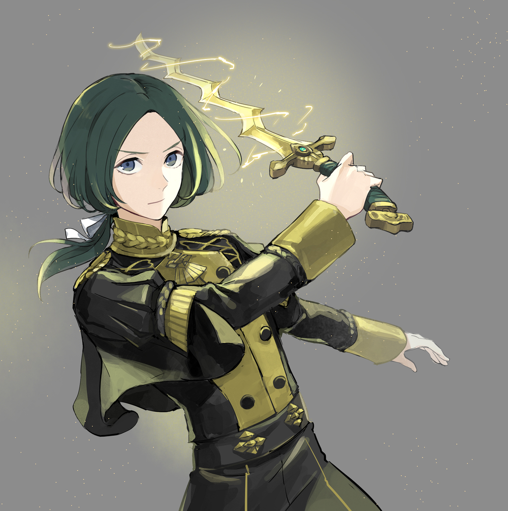 1boy blue_eyes capelet electricity epaulettes fire_emblem fire_emblem:_three_houses garreg_mach_monastery_uniform green_hair grey_background linhardt_von_hevring long_hair low_ponytail male_focus mikami solo sparkle sword weapon