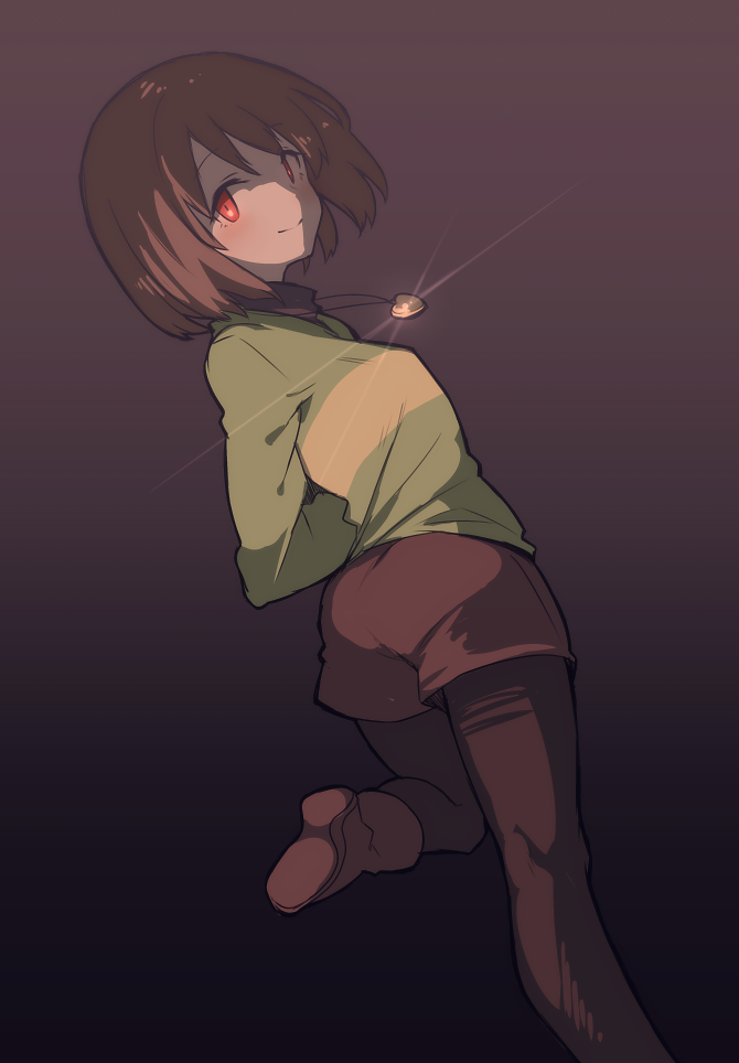 1girl androgynous ass blush breasts brown_hair chara_(undertale) closed_mouth commentary_request heart jewelry looking_at_viewer necklace oshiruko_(tsume) pantyhose red_eyes shirt short_hair shorts simple_background smile solo striped striped_shirt undertale