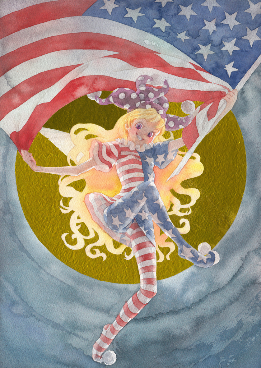 1girl american_flag american_flag_dress american_flag_legwear blonde_hair clownpiece commentary_request dress fairy_wings flag full_body full_moon grin hat head_tilt holding holding_flag jester_cap leg_up long_hair looking_at_viewer misawa_hiroshi moon neck_ruff no_shoes pantyhose pink_eyes polka_dot_hat pom_pom_(clothes) short_dress short_sleeves smile solo striped striped_legwear teeth touhou traditional_media very_long_hair watercolor_(medium) wings