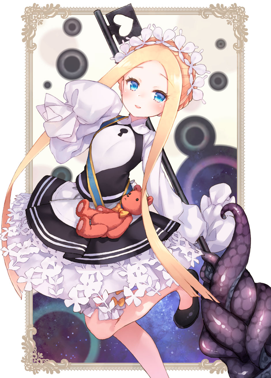 1girl abigail_williams_(fate/grand_order) bangs black_dress black_footwear bloomers blush bow braid breasts butterfly_hair_ornament commentary_request dress eyebrows_visible_through_hair fate/grand_order fate_(series) forehead hair_ornament hand_up heart heroic_spirit_festival_outfit highres kito_(sorahate) leaning_to_the_side long_hair long_sleeves orange_bow parted_bangs shirt shoes sidelocks sleeveless sleeveless_dress sleeves_past_fingers sleeves_past_wrists small_breasts solo standing standing_on_one_leg stuffed_animal stuffed_toy teddy_bear tentacles underwear very_long_hair white_bloomers white_shirt