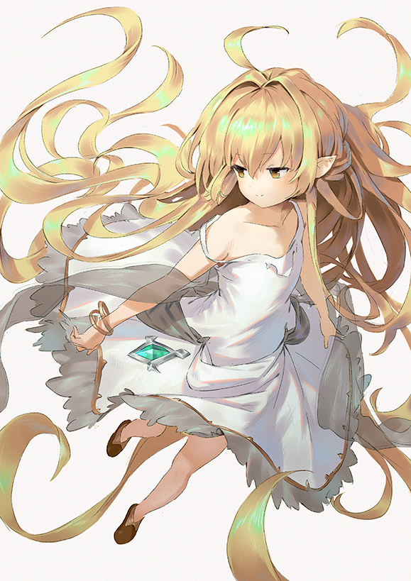 1girl ahoge bangle bangs bare_shoulders blonde_hair bracelet brown_eyes brown_footwear closed_mouth collarbone dress eyebrows_visible_through_hair full_body granblue_fantasy hair_between_eyes hair_intakes harvin jewelry long_hair melissabelle pointy_ears see-through shawl shoes simple_background sleeveless sleeveless_dress smile solo strap_slip very_long_hair wasabi60 white_background white_dress