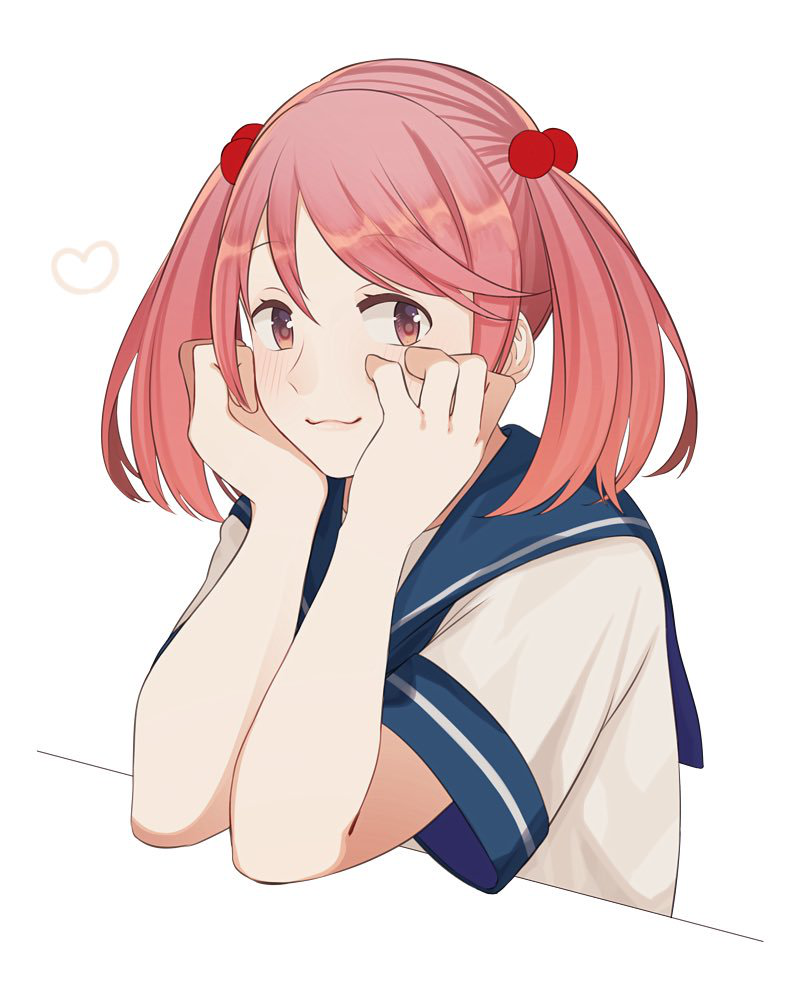 1girl :3 blue_neckwear blue_sailor_collar hair_bobbles hair_ornament hands_on_own_face heart kantai_collection looking_at_viewer pink_eyes pink_hair sailor_collar sazanami_(kantai_collection) school_uniform serafuku short_hair simple_background smile solo tanaka_io_(craftstudio) twintails upper_body white_background