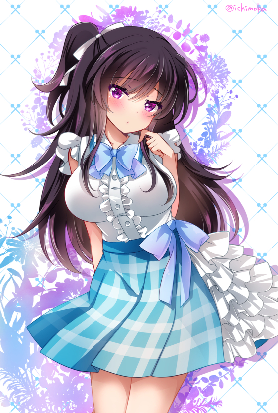 1girl bangs bare_arms bare_shoulders black_hair blue_bow blue_skirt blush bow breasts center_frills closed_mouth eyebrows_visible_through_hair floral_background frills hair_between_eyes hair_bow ichiyou_moka large_breasts long_hair looking_at_viewer original plaid plaid_skirt pleated_skirt ponytail shirt skirt sleeveless sleeveless_shirt solo twitter_username very_long_hair violet_eyes white_background white_bow white_shirt