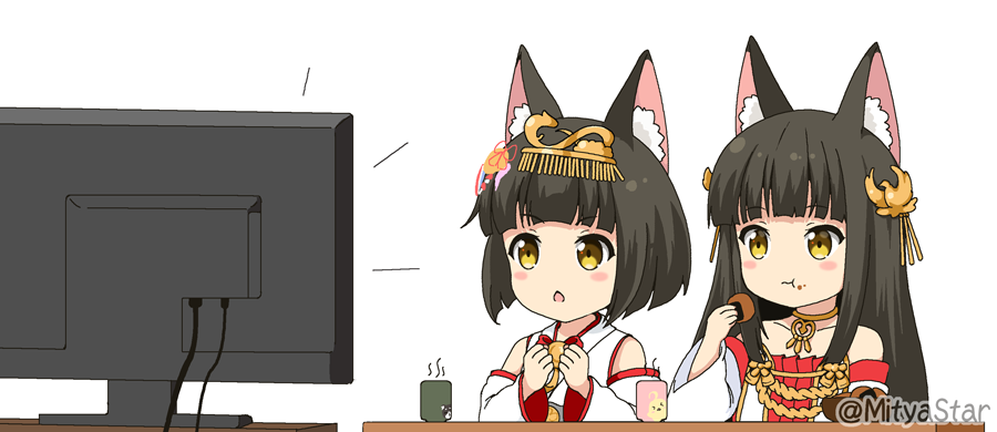 2girls :o :t animal_ear_fluff animal_ears azur_lane bangs bare_shoulders black_hair blush_stickers brown_eyes closed_mouth collarbone commentary_request cup detached_sleeves dress eating eyebrows_visible_through_hair flat_screen_tv food food_on_face fox_ears hair_ornament headpiece holding holding_food japanese_clothes kimono long_hair long_sleeves looking_away miicha multiple_girls mutsu_(azur_lane) nagato_(azur_lane) parted_lips red_dress senbei short_hair simple_background sleeveless sleeveless_kimono strapless strapless_dress television twitter_username upper_body watching_television wavy_mouth white_background white_kimono white_sleeves wide_sleeves yunomi