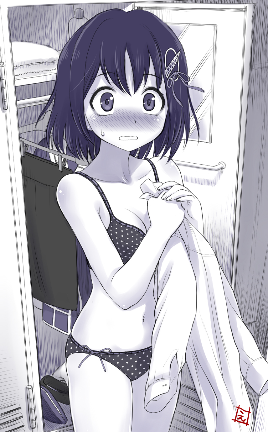 1girl blue_theme blush cowboy_shot dress_shirt ebifly haguro_(kantai_collection) hair_ornament highres holding_clothes kantai_collection locker looking_at_viewer monochrome parted_lips remodel_(kantai_collection) shirt short_hair solo standing underwear underwear_only