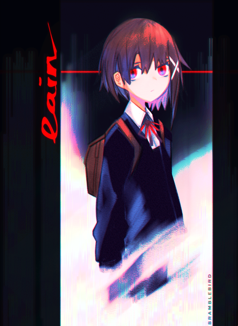 1girl artist_name backpack bag brown_hair commentary hair_ornament hairclip iwakura_lain kky long_sleeves looking_at_viewer neck_ribbon red_eyes red_ribbon ribbon serial_experiments_lain short_hair solo standing