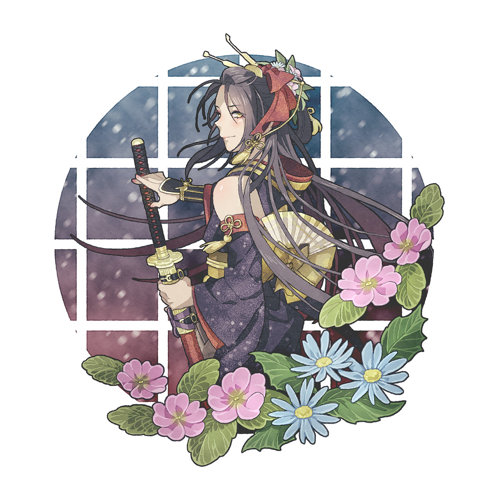 1boy back bare_shoulders black_hair blue_flower blush chagashi closed_mouth commentary_request flower hair_ornament holding holding_sword holding_weapon japanese_clothes jirou_tachi katana long_hair looking_at_viewer male_focus pink_flower sheath sleeveless solo sword touken_ranbu weapon yellow_eyes