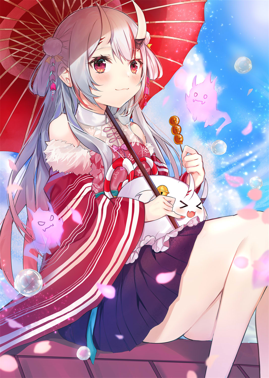 1girl bangs bare_shoulders black_skirt blush breasts bubble cherry_blossoms clouds dango detached_sleeves dress_shirt eyebrows fang fingernails food hair_ornament highres hololive horns long_hair looking_at_viewer mascot mitarashi_dango multicolored_hair nakiri_ayame nanakagura oni oni_horns open_mouth oriental_umbrella poyoyo_(ayame_channel) shirt sitting skirt sky small_breasts smile solo umbrella wagashi white_hair