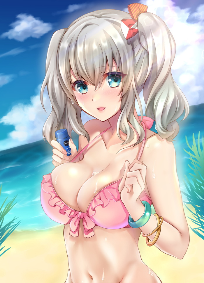 1girl alternate_costume beach blue_eyes blue_sky blush breasts clouds gomi_(hentai66) gradient_sky kantai_collection kashima_(kantai_collection) large_breasts looking_at_viewer navel ocean open_mouth pink_bikini_top sidelocks silver_hair sky smile solo swimsuit twintails wavy_hair