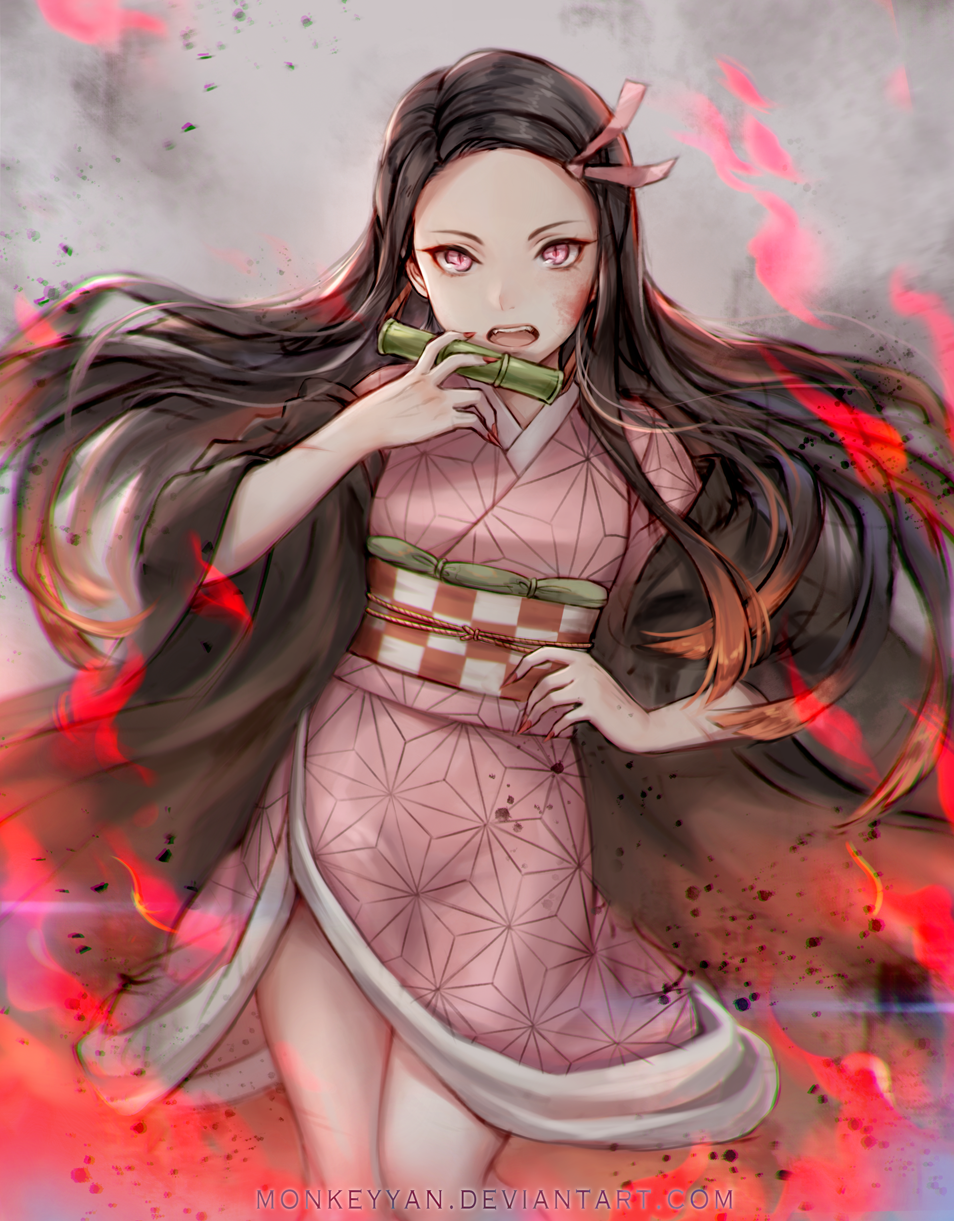 1girl bamboo bit_gag black_cloak black_hair blood blood_on_face checkered_obi cloak gag gag_removed hair_ribbon highres japanese_clothes kamado_nezuko kimetsu_no_yaiba kimono long_hair looking_at_viewer multicolored_hair orange_hair pink_eyes pink_kimono pink_ribbon ribbon slit_pupils solo two-tone_hair very_long_hair yan_wong