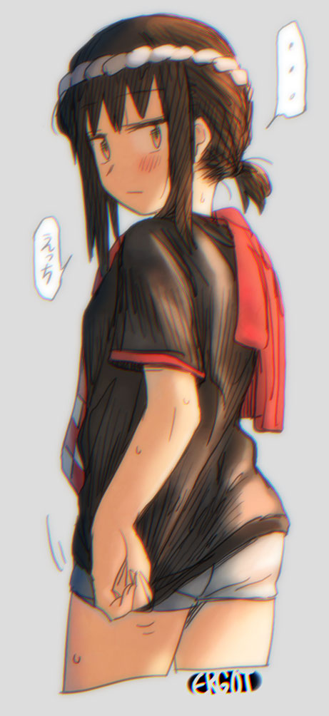 ... 1girl artist_name ass black_eyes black_hair black_shirt cowboy_shot cropped_legs ergot from_behind fubuki_(kantai_collection) grey_background hachimaki headband kantai_collection looking_at_viewer low_ponytail ponytail red_towel shirt short_hair short_ponytail shorts sidelocks simple_background solo spoken_ellipsis t-shirt white_shorts