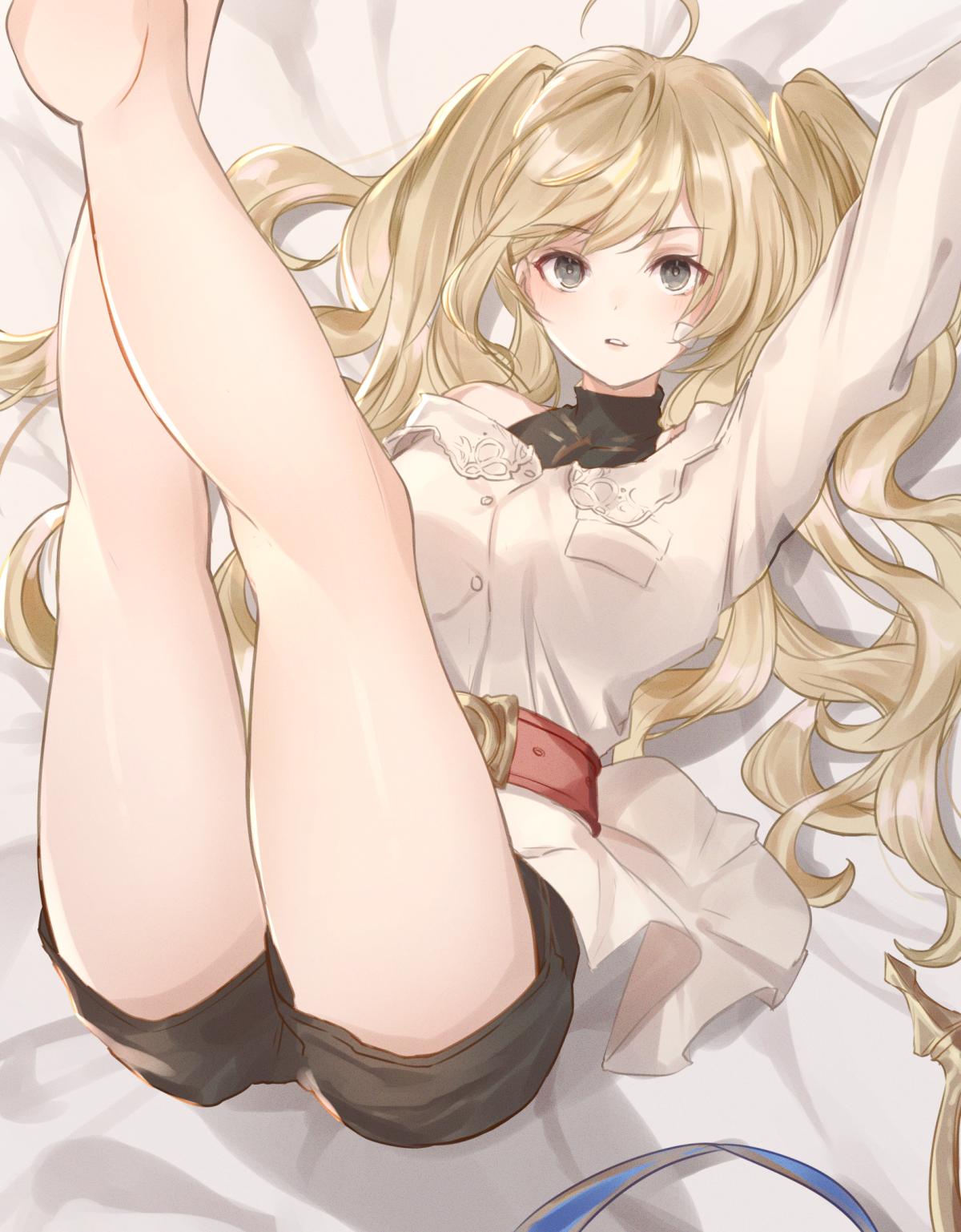 1girl ahoge artist_request bed bed_sheet blonde_hair breasts granblue_fantasy grey_eyes highres large_breasts legs_up looking_at_viewer lying monica_weisswind on_back on_bed shorts solo