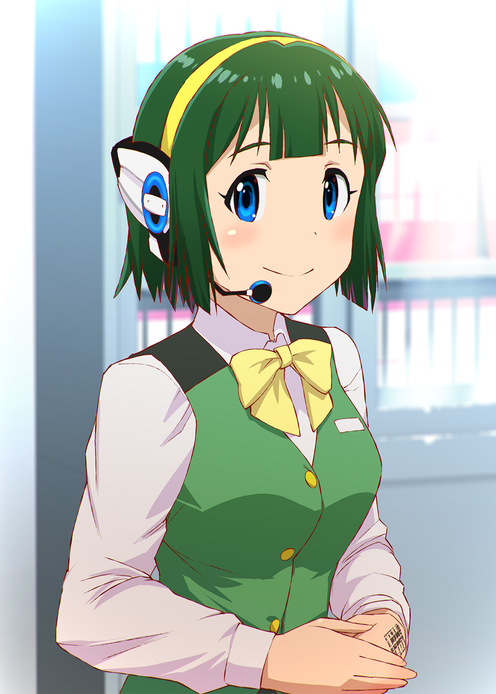 1girl blue_eyes blush bow bowtie crossover dress green_dress green_hair hairband hand_tattoo highres humagear_headphones idolmaster kamen_rider kamen_rider_01_(series) mole mole_under_mouth otonashi_kotori short_hair smile solo tattoo ueyama_michirou yellow_neckwear