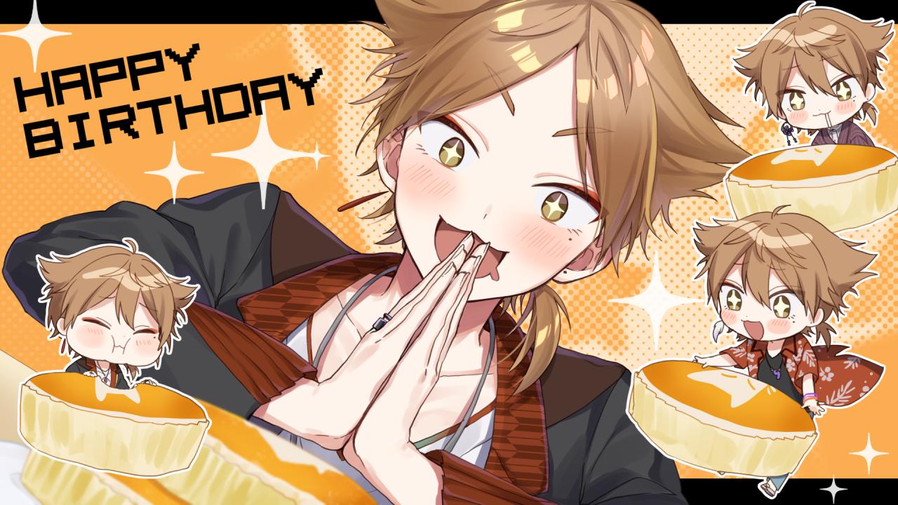 +_+ 1boy :3 :d :i bangs black_jacket black_shirt blue_pants blush brown_eyes brown_hair chibi closed_eyes closed_mouth commentary_request drooling eating eyebrows_visible_through_hair fingernails floral_print food fushimi_gaku hair_between_eyes hands_together happy_birthday jacket jewelry loafers long_sleeves magatama_necklace male_focus mouth_drool multiple_views nijisanji open_clothes open_jacket open_mouth own_hands_together palms_together pants parted_bangs print_jacket red_jacket ring saliva shirt shoes smile sparkle v-shaped_eyebrows virtual_youtuber white_footwear white_shirt yamabukiiro