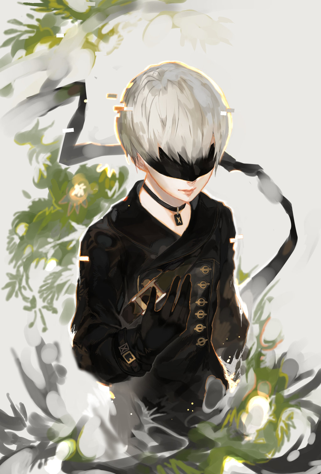 1boy black_blindfold black_gloves blindfold closed_mouth glitch gloves highres jewelry makashikami male_focus necklace nier_(series) nier_automata solo white_hair yorha_no._9_type_s