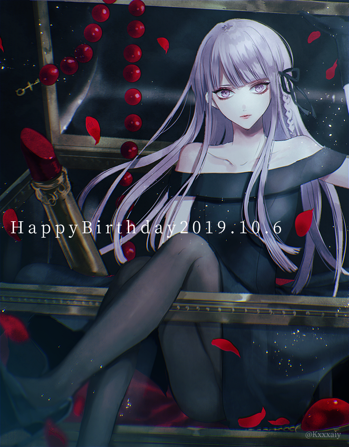 1girl alternate_costume artist_name bangs black_dress black_footwear black_legwear braid commentary_request dangan_ronpa dangan_ronpa_1 dated dress gloves happy_birthday kirigiri_kyouko leaf lipstick long_hair looking_at_viewer makeup necktie pantyhose purple_hair ribbon sakuyu shoes single_braid sitting solo violet_eyes