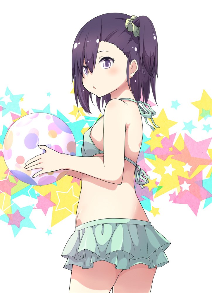 1girl ball bikini frilled_bikini frills gabriel_dropout green_bikini hair_ornament hair_scrunchie holding holding_ball looking_at_viewer purple_hair scrunchie short_hair solo star starry_background swimsuit tsukinose_vignette_april ukami violet_eyes white_background